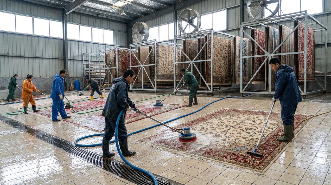 غسل السجاد في مغسلة متخصصة مع مجففات صناعية