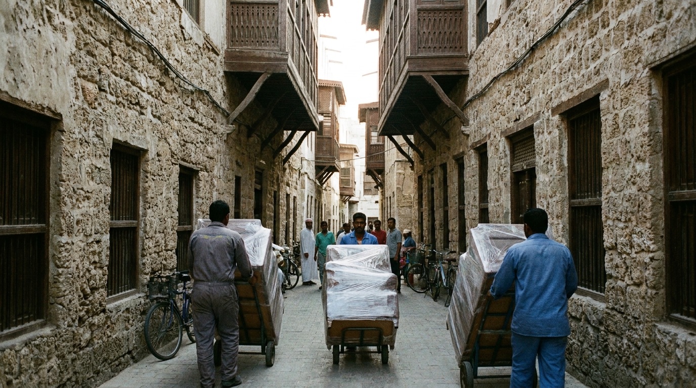 نقل أثاث مغلف بعربات يدوية عبر زقاق ضيق في جدة التاريخية