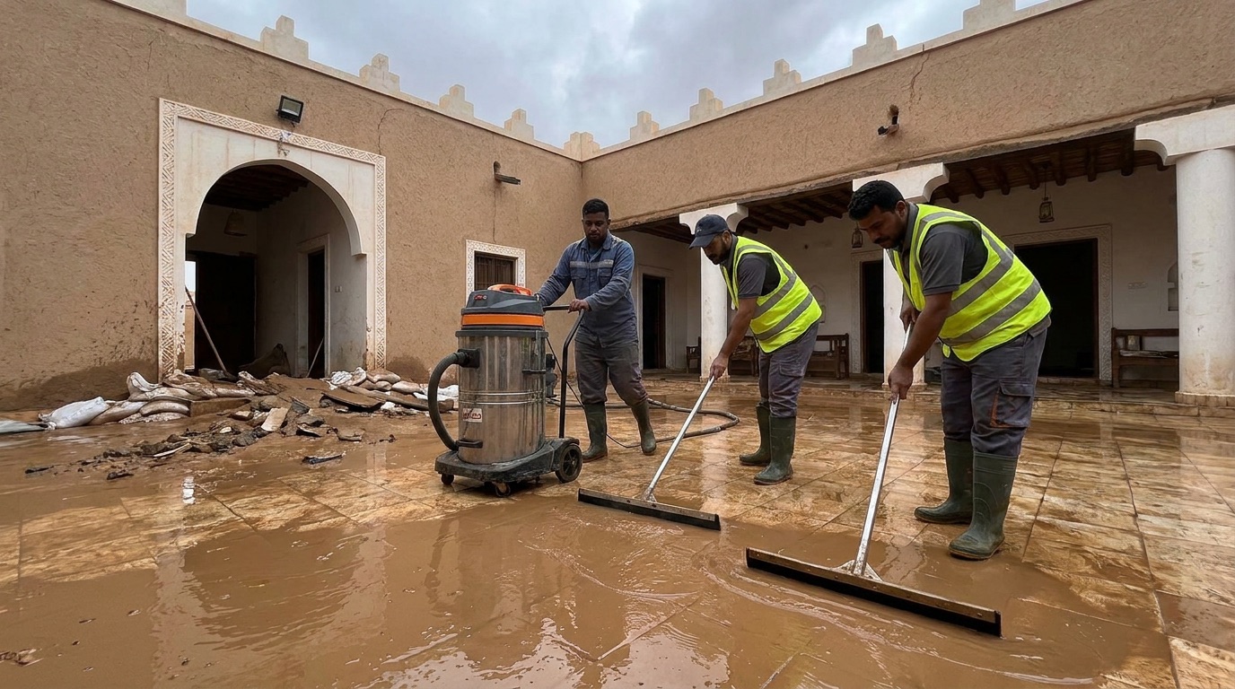فريق تنظيف يزيل مياه الأمطار والطين من فناء منزل بعد هطول غزير