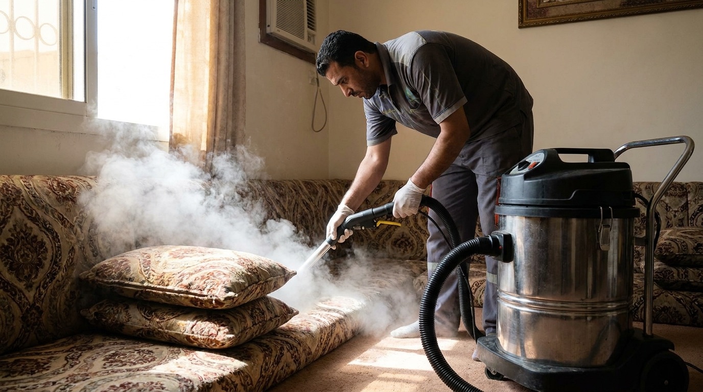 تنظيف مجلس وكنب بالبخار باستخدام جهاز استخلاص احترافي