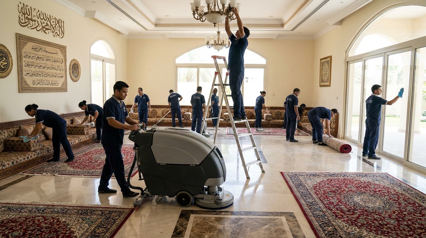 فريق تنظيف كبير يعمل في مجلس فيلا بأرضيات رخامية
